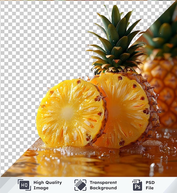 PSD objet transparent des tranches d'ananas clipart png sur une table brillante réfléchissant dans l'eau