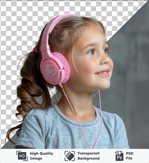 PSD objet transparent vue latérale de joyeux jeune fille enfant en été t-shirt et écouteurs roses souriant tout en écoutant la chanson préférée avec des yeux bleus et bruns petit nez et cheveux