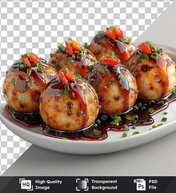 PSD objet végétal transparent takoyaki sur une assiette blanche