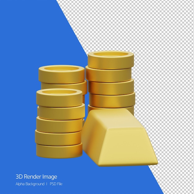 Objeto 3D Representación de la pila de monedas y el icono de la barra de oro aislado. .