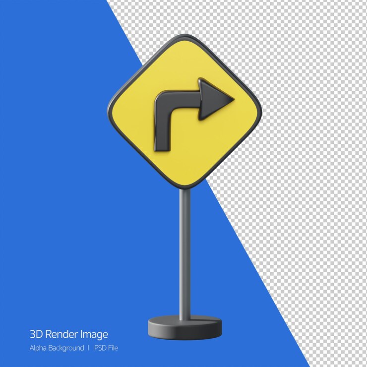 PSD objeto 3d representación de la señal de tráfico. gire a la derecha adelante.