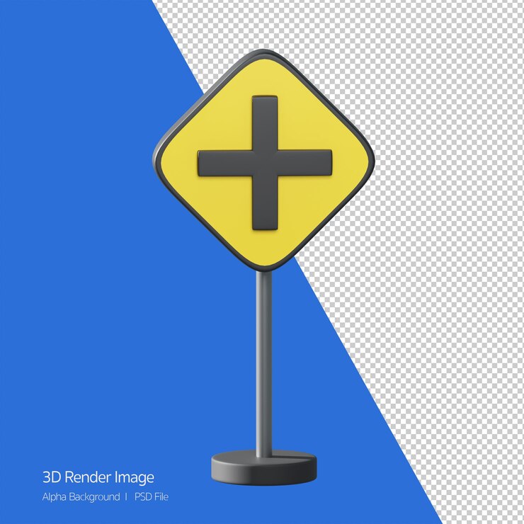 PSD objeto 3d representación de la señal de tráfico. intersección de la encrucijada. cartel amarillo
