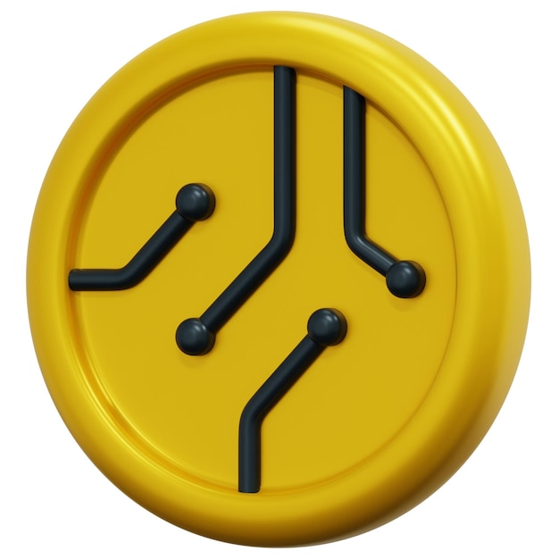 Un objeto circular amarillo y negro con un circuito negro en la parte superior.