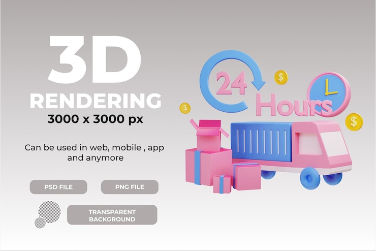 PSD objeto de ilustração 3d de entrega 24 horas com fundo transparente