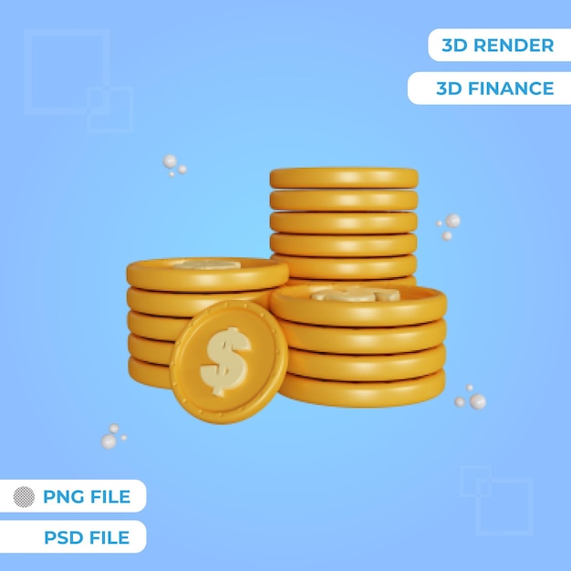 Objeto de pilha de moedas de dólar de renderização 3d psd premium isolado