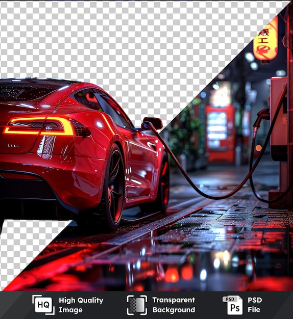 Objeto eléctrico transparente coche rojo reabastecimiento de combustible por la noche signo rojo y neumático negro rojo visible y