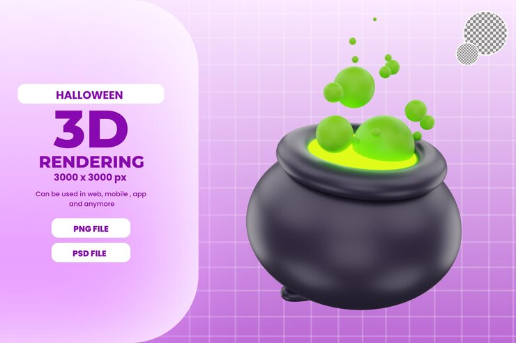 PSD objeto de ilustración de caldero de halloween de renderizado 3d premium psd