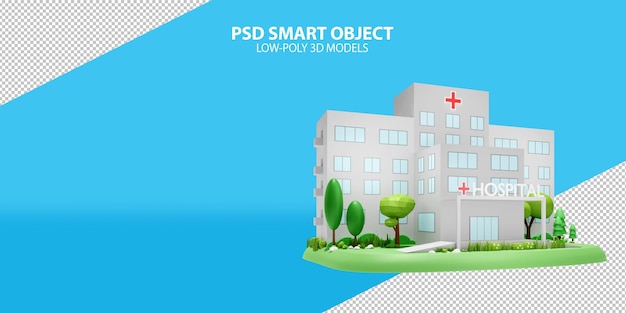 PSD objeto inteligente psd de construção de hospital em fundo gradiente imagem de renderização 3d de objetos de baixo poli