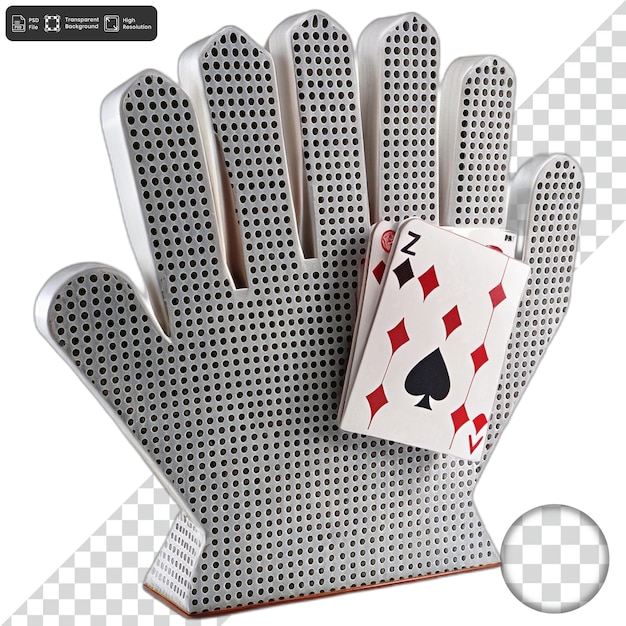 Objeto metálico en forma de mano con superficie perforada y cartas de juego