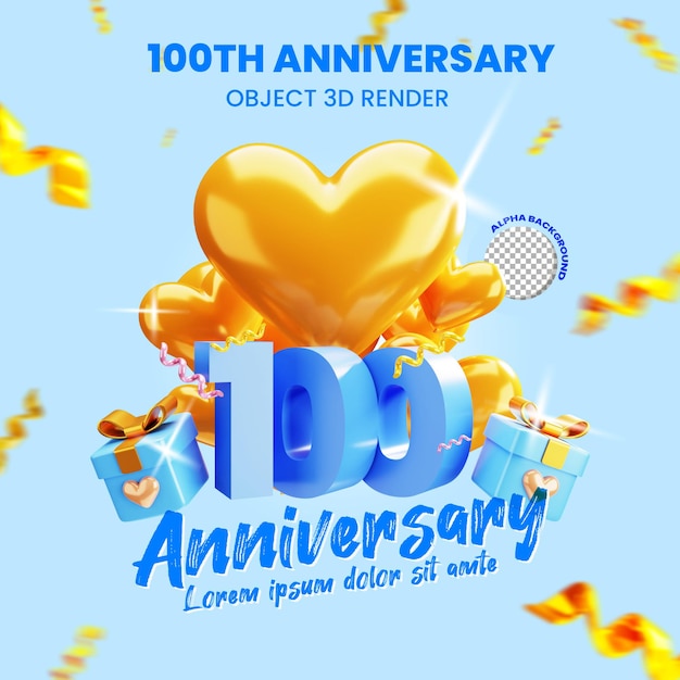 Objeto renderizado 3d número 100 aniversario con globos de corazón y caja de regalo