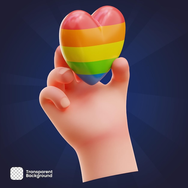 Objeto de representación 3d lgbtq mano sosteniendo arco iris amor corazón png transparente psd premium