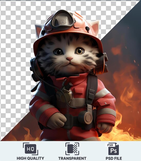 Objeto transparente 3d bombeiro resgatando um gatinho