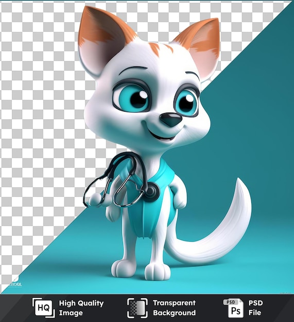 PSD objeto transparente 3d dibujos animados veterinario que cuida a los animales un gato blanco con ojos azules y una nariz negra sosteniendo un estetoscopio con una pierna blanca visible en primer plano