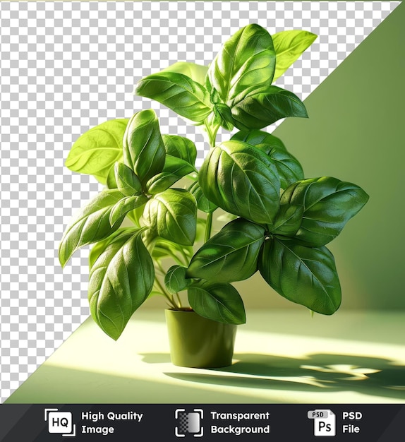 PSD objeto transparente basil png clipart contra pared verde con sombra en primer plano