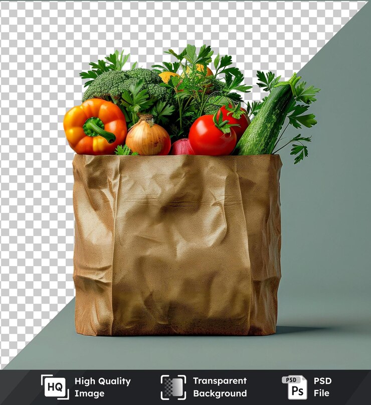 PSD objeto transparente bolsa de papel reciclable llena de verduras frescas contra pared azul y gris con
