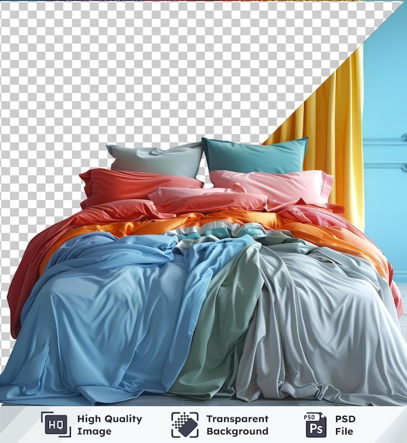 PSD objeto transparente en una cama ordenada con almohadas de colores pared azul piso de madera