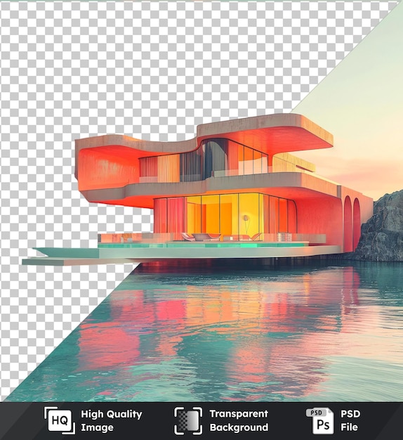 PSD objeto transparente casa flutuante sobre águas azuis calmas céu claro com uma porta amarela em