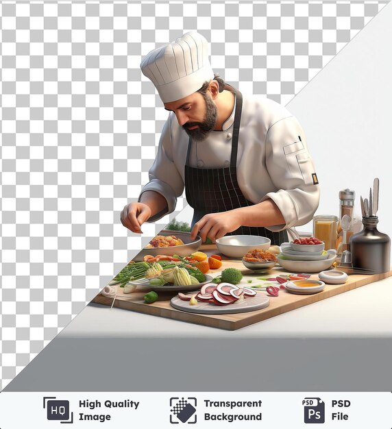 PSD objeto transparente chef 3d cocinando una comida gourmet en una tabla de corte de madera rodeada de cuencos blancos y una planta verde con un delantal negro y un sombrero blanco con una barba negra y