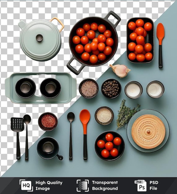 PSD objeto transparente conjunto de cocina gourmet español con cucharas de naranja un cuenco negro y una cuchara de plata en una mesa blanca y azul