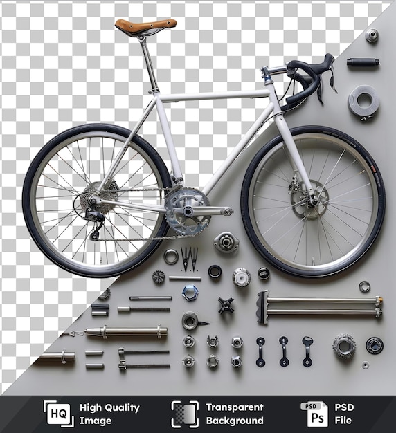 PSD objeto transparente conjunto de ferramentas de construção de bicicleta personalizada exibido em uma parede branca com um leme de madeira marrom