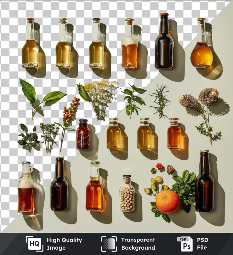 PSD objeto transparente conjunto de degustación de cerveza artesanal con una variedad de botellas, incluidas botellas de vidrio marrón y oro dispuestas contra una pared blanca con una hoja verde en primer plano
