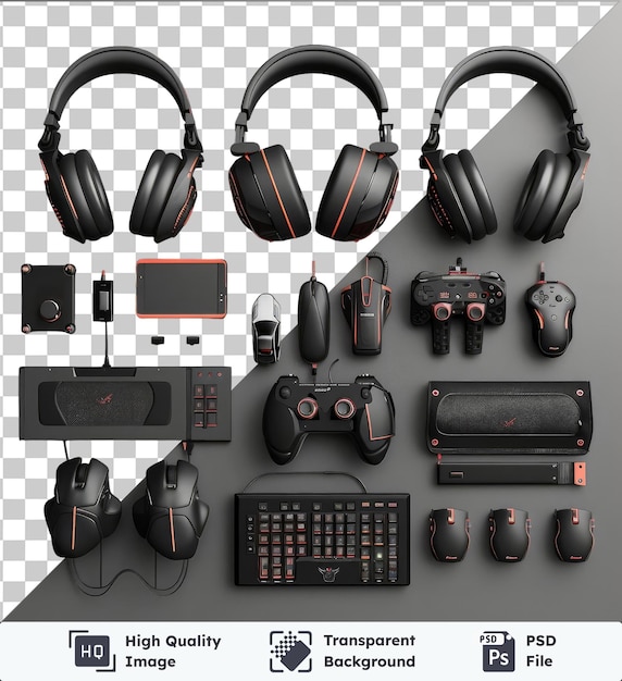 Objeto transparente conjunto de equipo de juego profesional con auriculares negros un ratón gris y negro y un teclado negro en una mesa gris