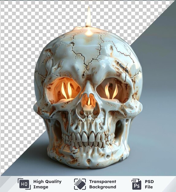 PSD objeto transparente cráneo 3d con vela ardiente decoración de vacaciones de halloween