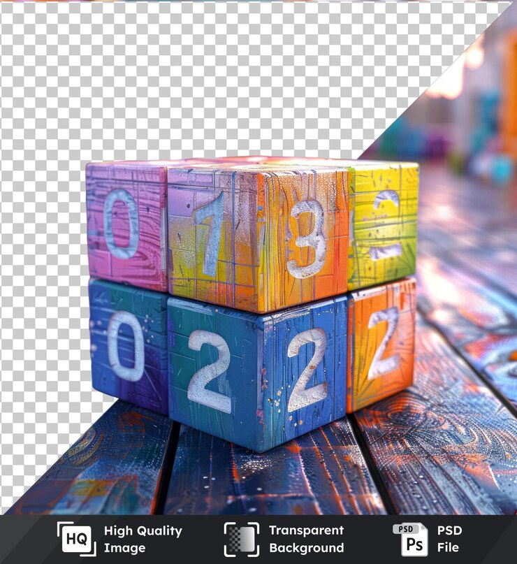 PSD objeto transparente cubos de madera con el número del año 2022 concepto de año nuevo