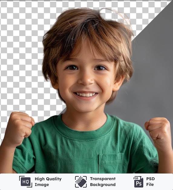 Objeto transparente de cuerpo completo pequeño pequeño divertido niño feliz de seis siete años con camiseta verde hacer ganador gesto cerrar el puño retrato de estudio día de la madre amor vida familiar