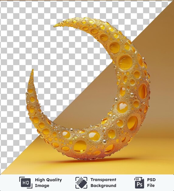 PSD objeto transparente decoración de luna creciente de ramadán en un fondo amarillo