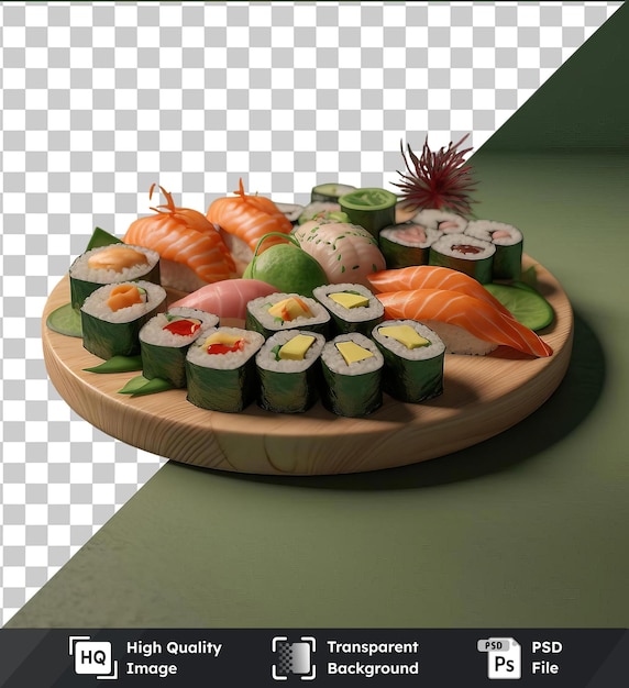 PSD objeto transparente delicioso prato de sushi em um prato de madeira