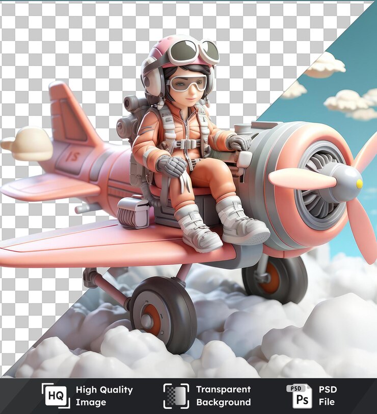 PSD objeto transparente desenho animado de piloto 3d voando um avião