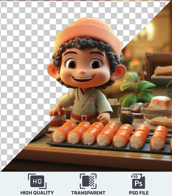 PSD objeto transparente dibujado en 3d del chef de sushi preparando un banquete de sushi