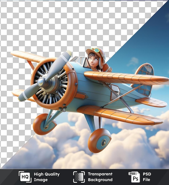 PSD objeto transparente dibujos animados de piloto 3d volando un biplano vintage 3d