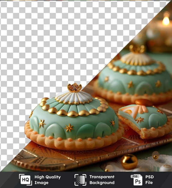 PSD objeto transparente eid tema cookie sello conjunto para ramadán exhibido en una mesa de madera con un pastel azul y verde y una estrella de oro en el fondo
