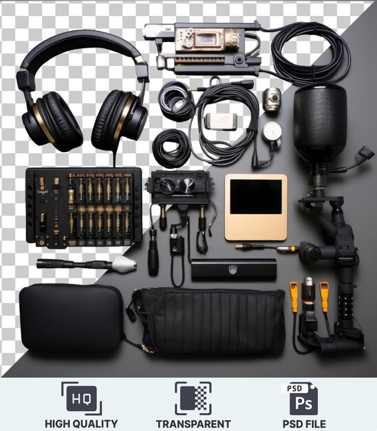 PSD objeto transparente equipamento de gravação de voz profissional definido um fone de ouvido preto uma mesa preta e cinza uma tela preta e fones de ouvido pretos
