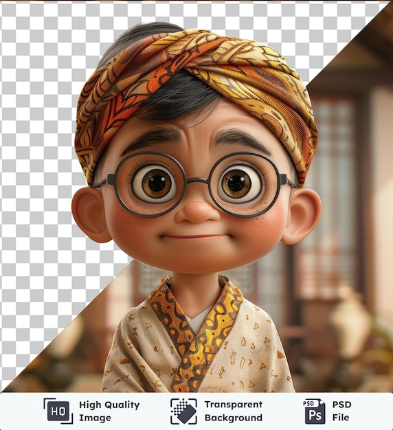 PSD objeto transparente este es un personaje de dibujos animados de indonesia llamado joko usando gafas y un turbante la imagen muestra un primer plano de la cara de joko39 con una oreja rosada