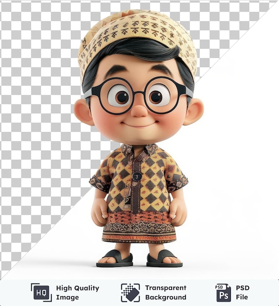 PSD objeto transparente este es un personaje de dibujos animados de indonesia llamado joko con un vestido amarillo y cinturón negro el personaje tiene una cara negra cabello negro y ojos grandes y está sosteniendo un