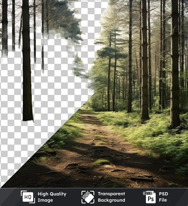 PSD objeto transparente fotográfico realista ambientalistas floresta como paisagem com árvores altas e um caminho de terra sob um céu branco