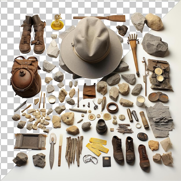 PSD objeto transparente fotográfico realista arqueólogo _ s excavación arqueológica una colección de objetos