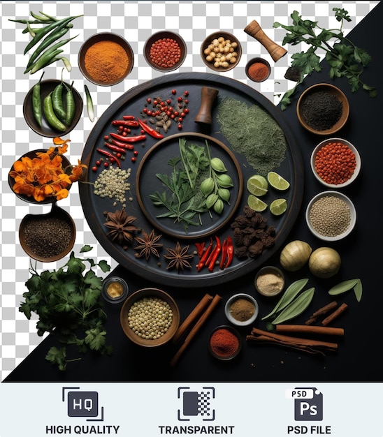 PSD objeto transparente gourmet ingredientes de culinária asiática definir uma variedade colorida de tigelas e utensílios em uma mesa preta