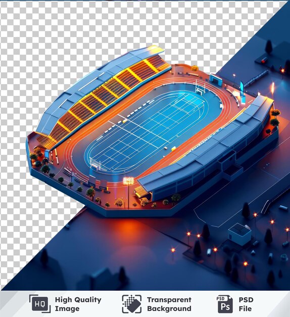 PSD objeto transparente hermoso estadio isométrico 3d con un gran edificio azul en primer plano