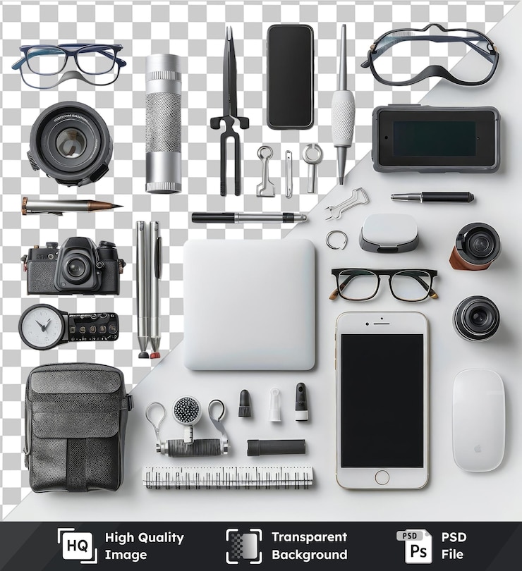 PSD objeto transparente herramientas profesionales de desarrollo de aplicaciones móviles configuradas en un fondo transparente con una cámara plateada gafas negras pluma plateada y pluma gris y negra