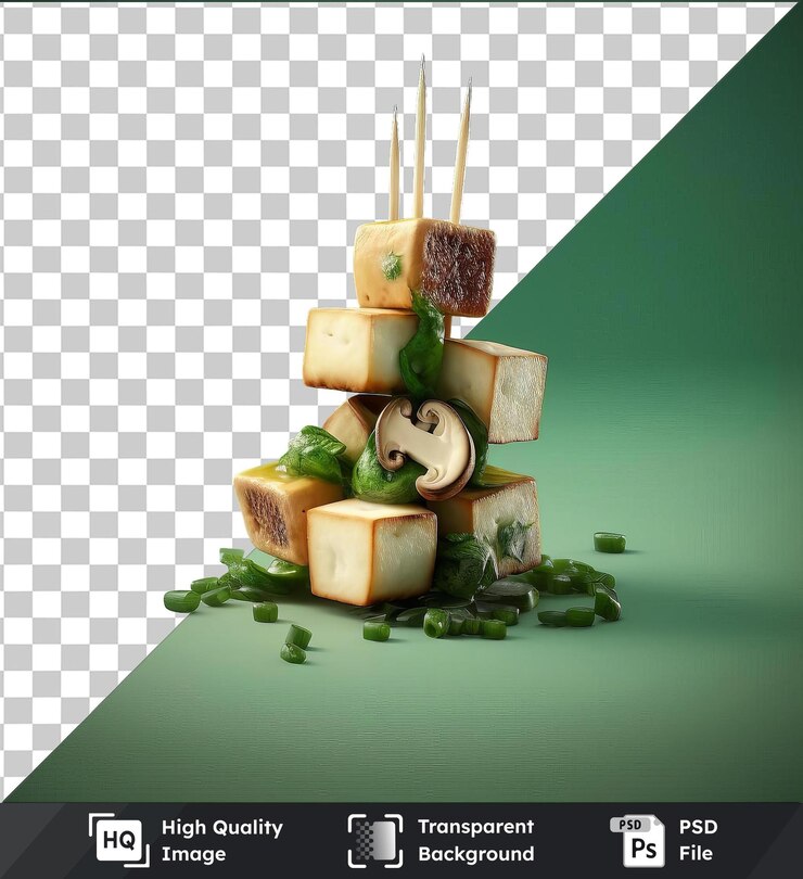 PSD objeto transparente hongo chisporroteante y pinzas de tofu en una mesa verde contra una pared verde