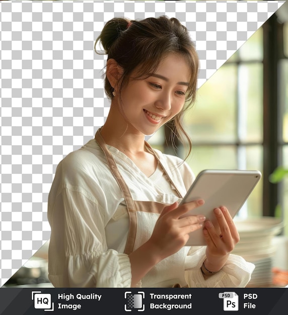 objeto transparente joven atractiva mujer asiática que cocina mientras mira la tableta PC