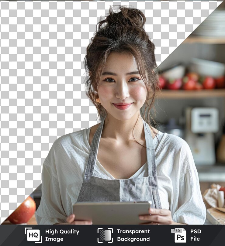 PSD objeto transparente joven atractiva mujer asiática que cocina mientras mira la tableta pc