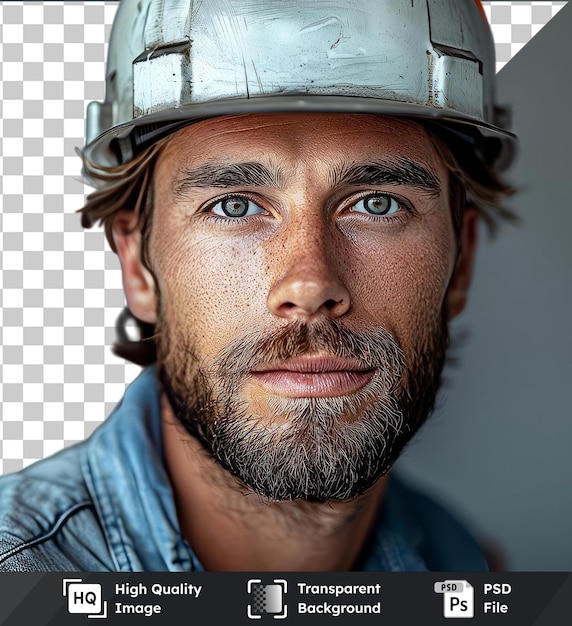objeto transparente joven hombre guapo constructor en casco está mirando a la cámara