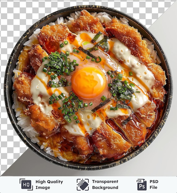 Objeto transparente katsudon um prato de ovos de arroz e verduras