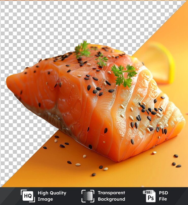 PSD objeto transparente maqueta de filete de salmón crudo fresco sobre un fondo amarillo