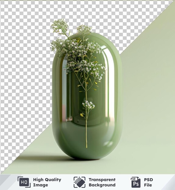 Objeto transparente modelo de cápsula medicinal verde num vaso de vidro